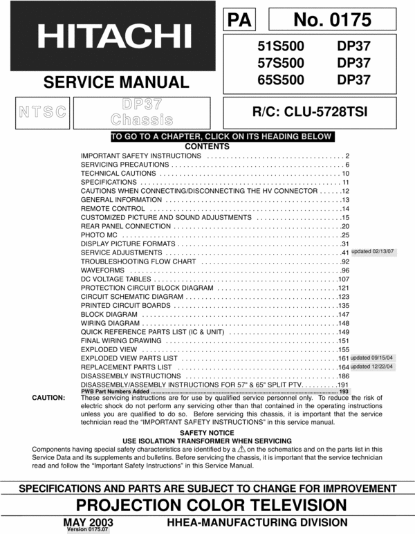 Product picture Hitachi TV 51S500 SERVICE MANUAL COMPLETE