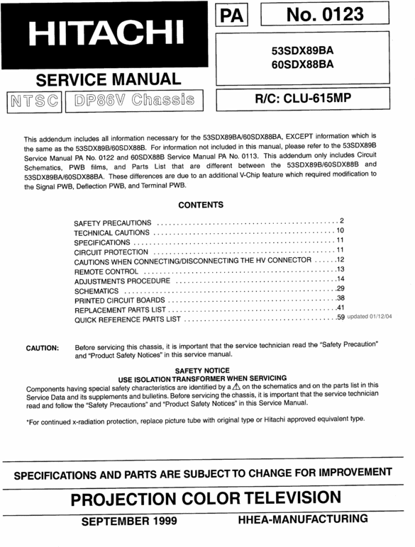 Product picture Hitachi 53SDX89BA / 60SDX88BA SERVICE MANUAL